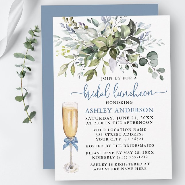Convite Bridal Luncheon Watercolor Greenery Dusty Arco Azu (Customize to change your personalized text color, text style or color of back of card.)