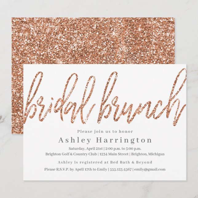 Convite Bridal rosa Dourada para Brunch com Glitte (Frente/Verso)