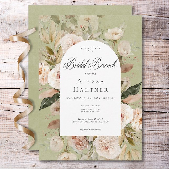 Convite Bridal Rústica Do Arco Floral Verde Rústico (Rustic Neutral Tan Cream Green Arch Bridal Brunch Invitation)