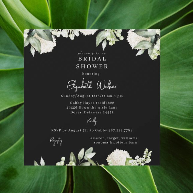 Convite Bridal Shower Black White Hydrangea Square (Criador carregado)