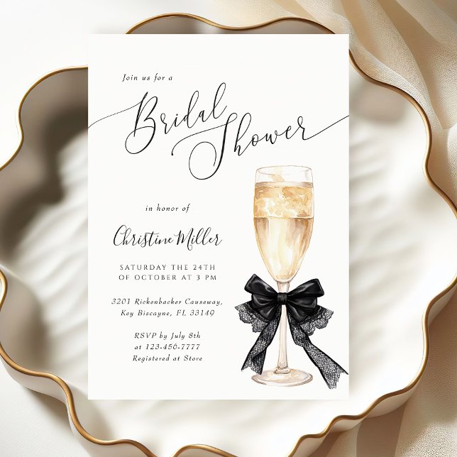 Convite Bridal Shower Champagne Invitation with Black Bow  (Criador carregado)