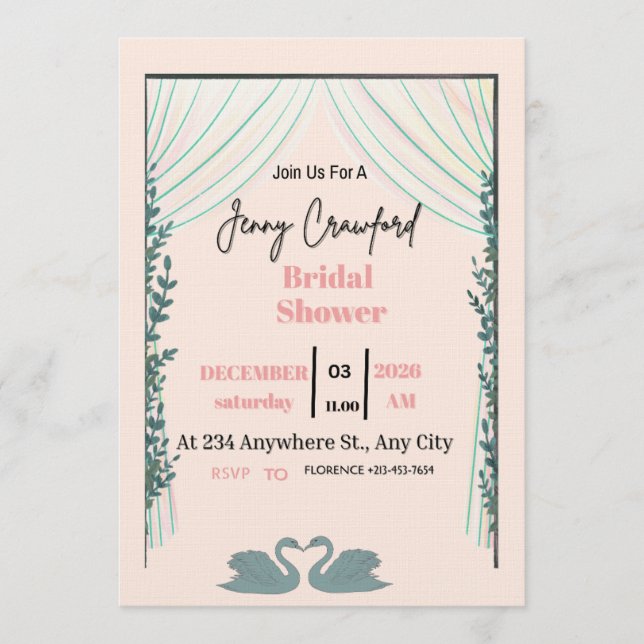 Convite Bridal Shower Invitation | Elegant Pink Customizab (Frente)