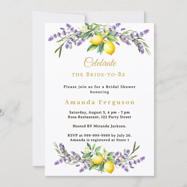 Convite Bridal Shower lavender florals lemons (Frente)