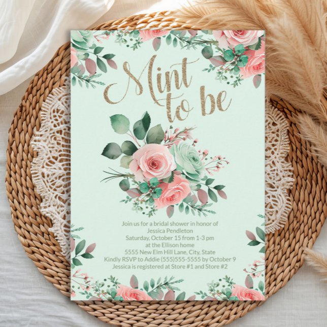 Convite Bridal Shower Mint to Be Pink Roses Greenery (Elegant Mint to Be Bridal Shower invitation)