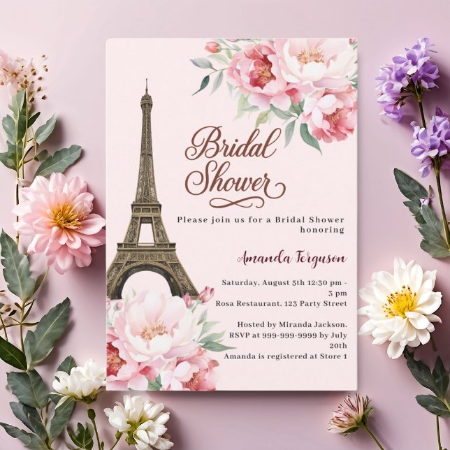 Convite Bridal shower Paris Eiffel tower pink flowers (Criador carregado)