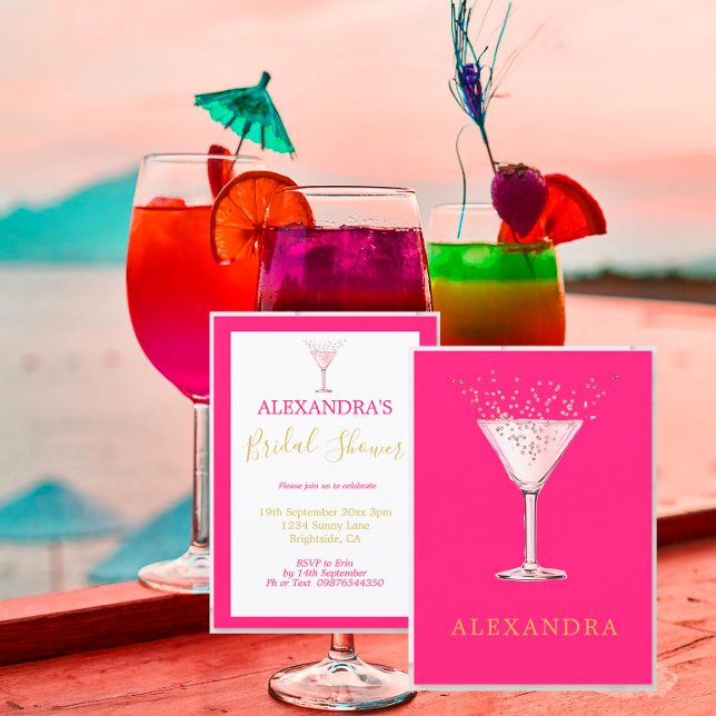 Convite Bridal Shower Pink Cocktail Gold Simple Invitation (Criador carregado)