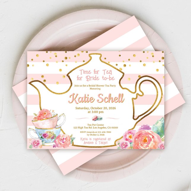 Convite Bridal Shower Tea Party Pink And Gold Floral (Criador carregado)