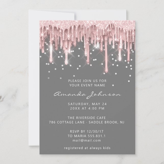 Convite Bridal Sweet 16th Drip Rosa Glitter Cinza Pink (Frente)