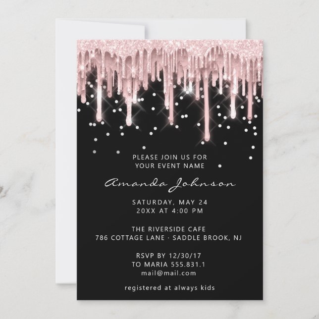 Convite Bridal Sweet 16th Drip Rosa Glitter Spark Black (Frente)