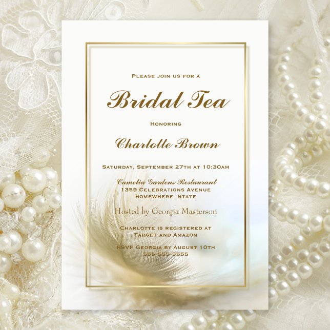 Convite Bridal Tea Elegante Dourada Feather (Criador carregado)