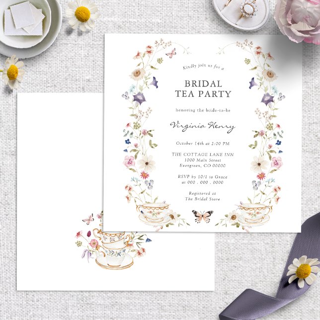Convite Bridal Tea Party (Elegant Floral Bridal Tea Party Invitation with Butterflies by Painted Paperie
)