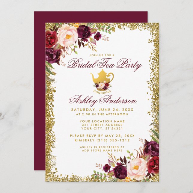 Convite Bridal Tea Party Burgundy Dourada Glitter Invite (Frente/Verso)