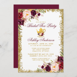 Convite Bridal Tea Party Burgundy Dourada Glitter Invite