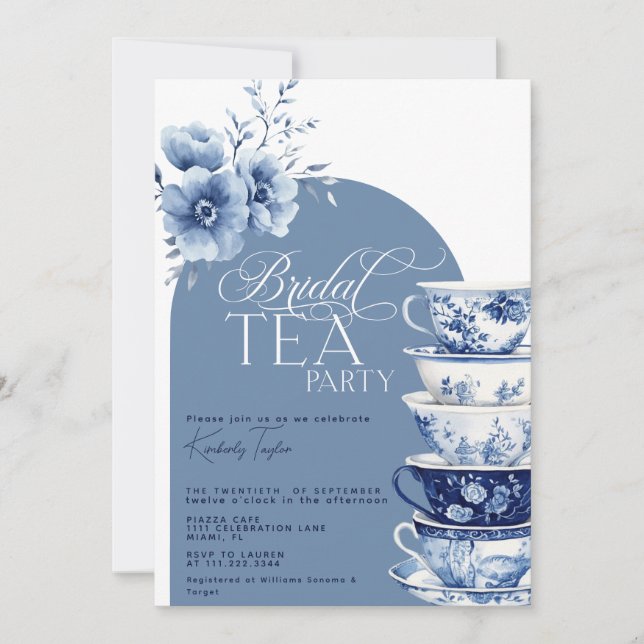 Convite Bridal Tea Party Dusty Chá de Chinoiserie Azul (Frente)