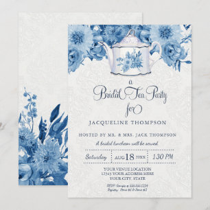 Convite Bridal Tea Party Marinho Blue White Floral Arte de