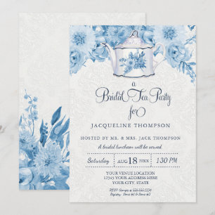 Convite Bridal Tea Party Watercolor Marinho Blue White Flo
