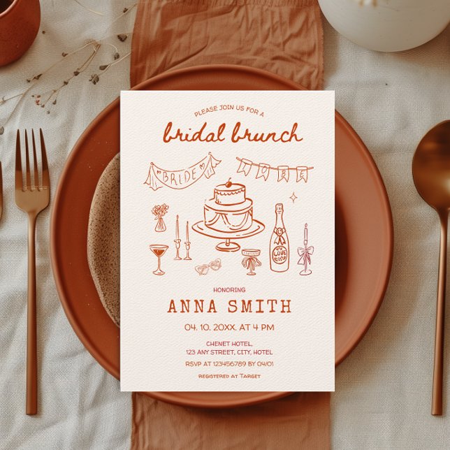 Convite Bridal Vermelha Única, Simples, Desenhada À Mão Fu (Hand Drawn Red Bridal Brunch Quirky Whimsical Hand Illustrated Bridal Shower Invitation Cake Wine)