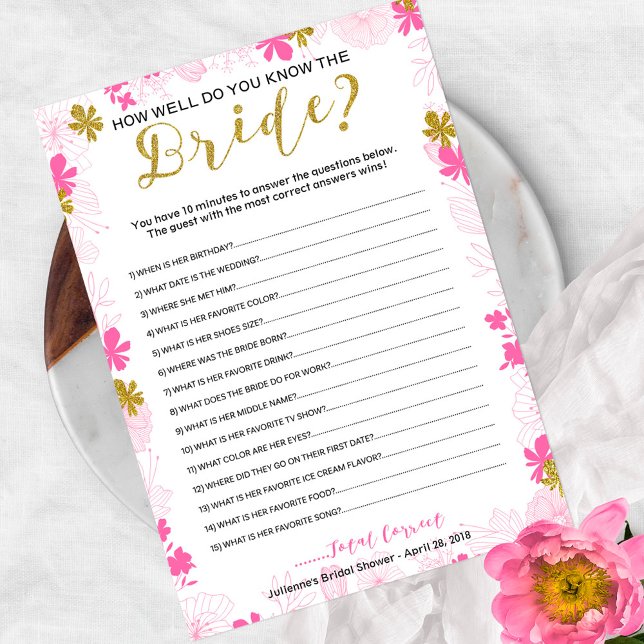 Convite Bridal Word Scramble | Floral Dourado rosa (Criador carregado)