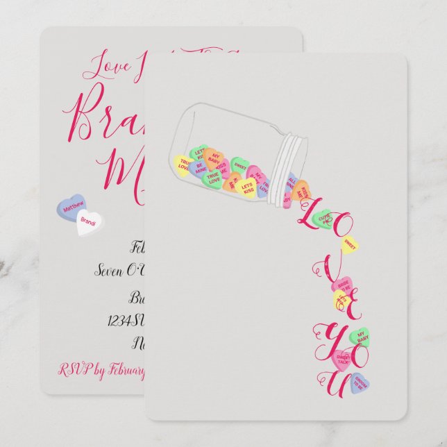 Convite BRIDE Candy Hearts I Love You Celebration Party (Frente/Verso)