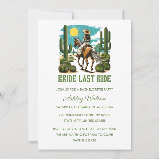 Convite Bride Last Ride Cowgirl Bachelorette Party (Frente)