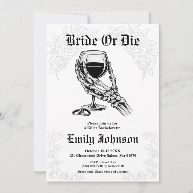 Convite Bride or Die Gothic Skeleton Bachelorette Party (Frente)