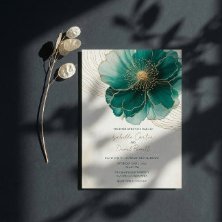 Convite Bride's Teal Floral Gold Wedding Invitation Card