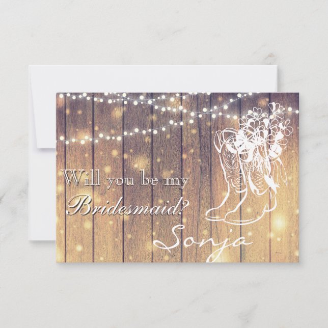 Convite Bridesmaid - Botas de cowboy, Madeira com Luzes (Frente)