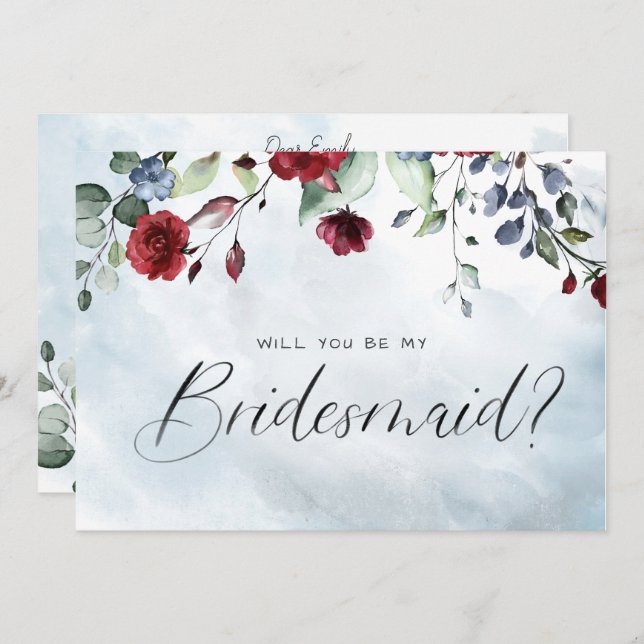 Convite Bridesmaid de Script Floral de Aquarela Azul (Frente/Verso)