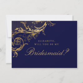 Convite Bridesmaid do Script Floral Dourado do Damasco Azu