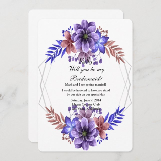 Convite Bridesmaid Floral Com Cor De Água Púrpura E Azul (Frente/Verso)