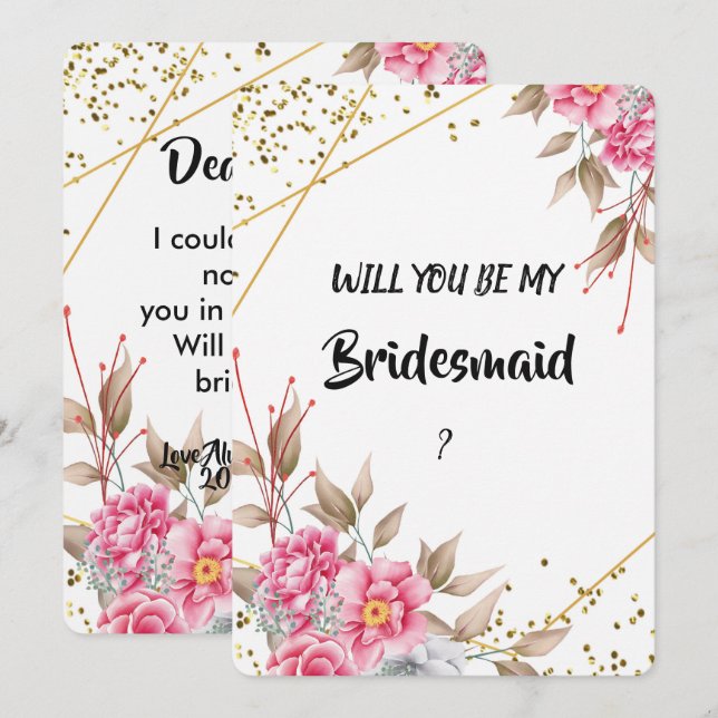 Convite Bridesmaid Floral Rosa-Rosa-Quadro Geométrico Dour (Frente/Verso)