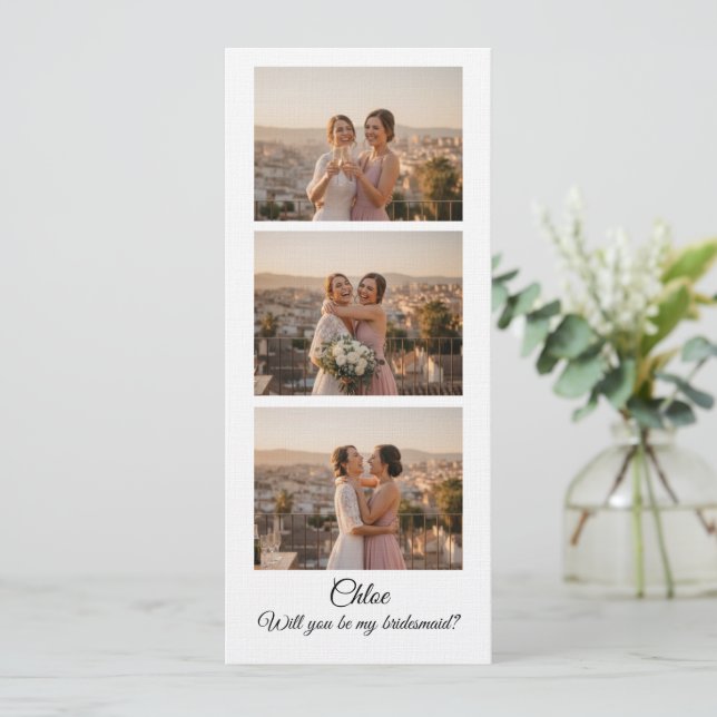 Convite Bridesmaid Photo Strip 3 Photo Proposal Card (Em pé/Frente)