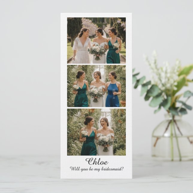 Convite Bridesmaid Photo Strip 3 Pictures Proposal Card (Em pé/Frente)