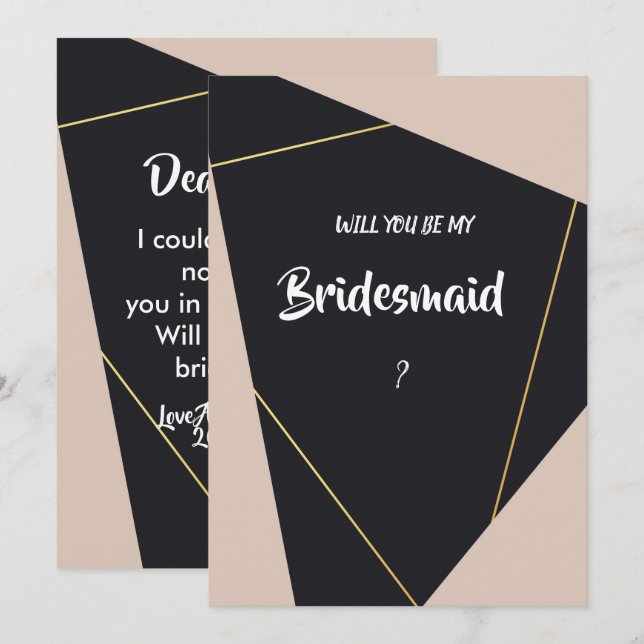 Convite Bridesmaid, preto e dourado, rosa (Frente/Verso)