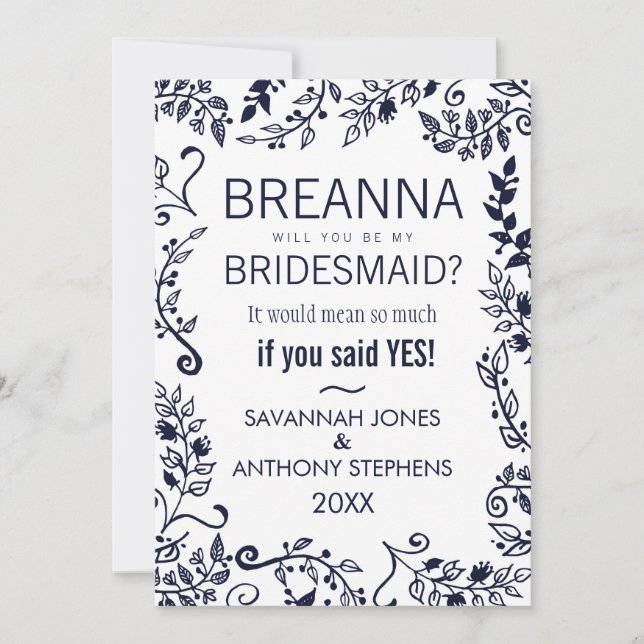 Convite Bridesmaids Florais Branco e Azul do Marinho Elega (Frente)