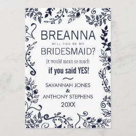 Convite Bridesmaids Florais Branco e Azul do Marinho Elega