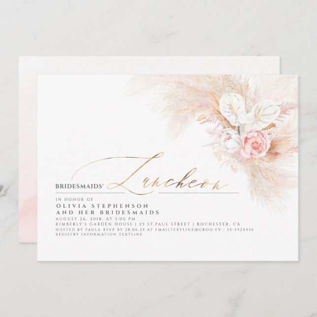 Convite Bridesmaids Luncheon Pampas Chá de panela (Frente/Verso)