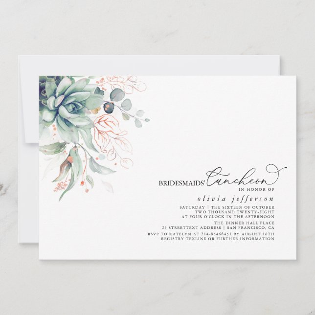 Convite Bridesmaids Luncheon Succult Chá de panela Invi (Frente)