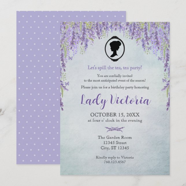 Convite Bridgerton Inspired Spill The Tea Birthday  (Frente/Verso)