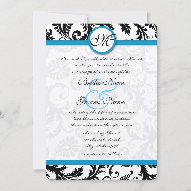 Convite Bright Aqua Damask Swirls Casamento (Frente)