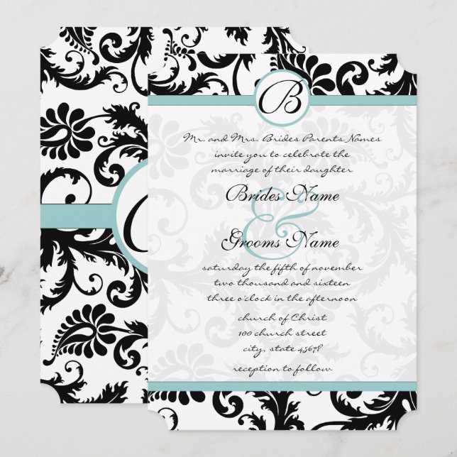 Convite Bright Aqua Damask Swirls Wedding Invitation 5 x 7 (Frente/Verso)