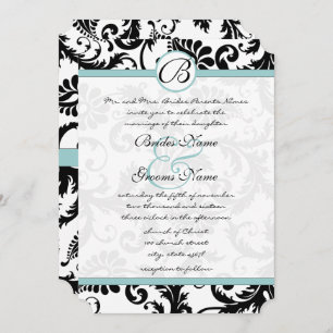 Convite Bright Aqua Damask Swirls Wedding Invitation 5 x 7