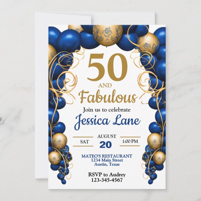 Convite Bright Blue and Flat Gold Birthday Party (Frente)