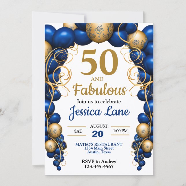 Convite Bright Blue and Flat Gold Birthday Party (Frente)
