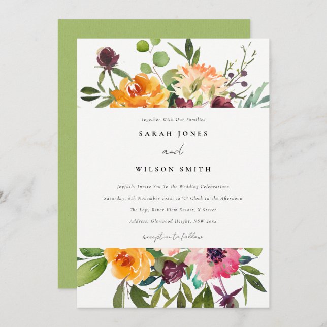 CONVITE BRIGHT BLUSH YELLOW ORANGE FLORAL WEDDING (Frente/Verso)