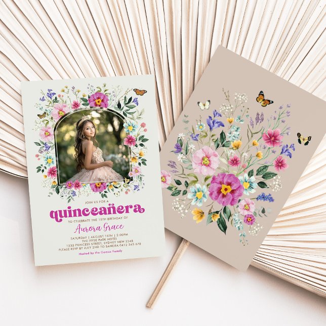 Convite Bright Boho Wildflower Butterfly Partido Quinceañe (Criador carregado)