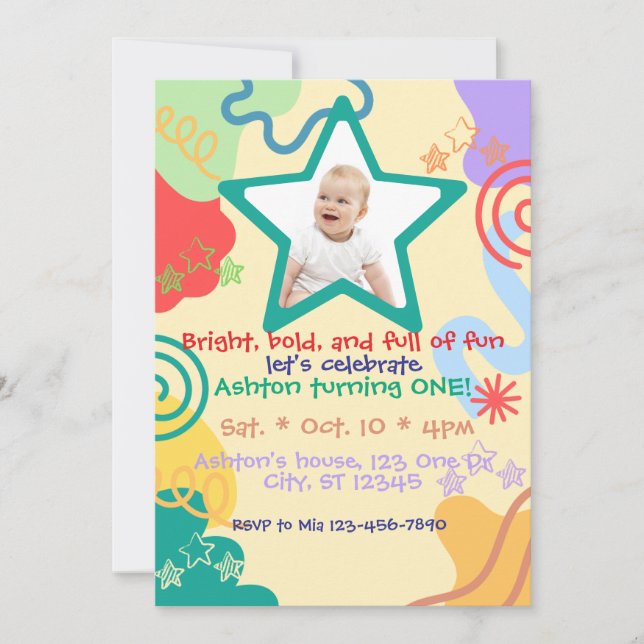 Convite Bright, bold, fun 1st Birthday (Frente)
