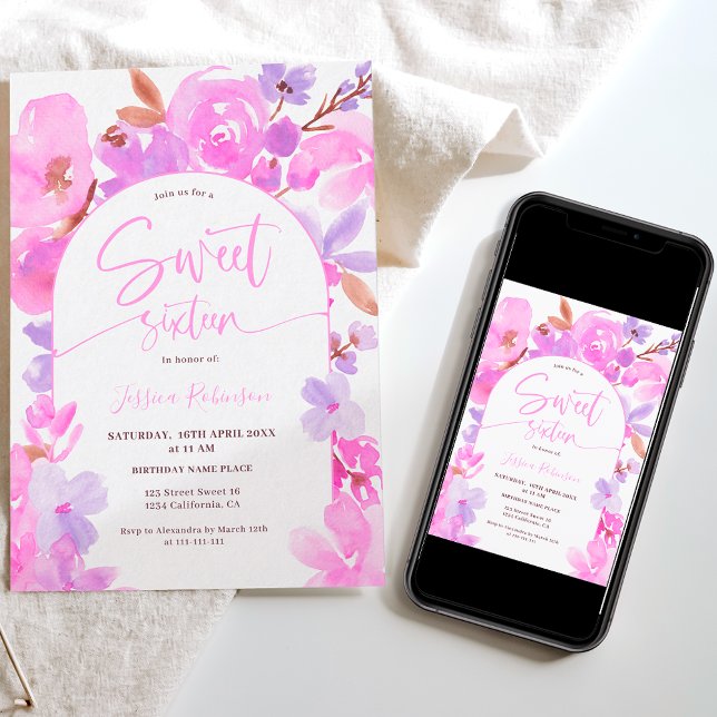 Convite Bright bold pink purple floral Sweet 16 (Criador carregado)