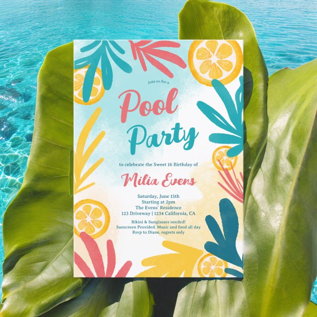 Convite Bright bold piscina tropical da praia Doce 16 (Bright bold Tropical beach pool party Sweet 16 Invitation)