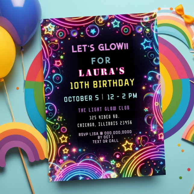 Convite Bright Colorida Noon Glow Party Aniversário (Bright Colorful Neon Glow Party Birthday Invitation)